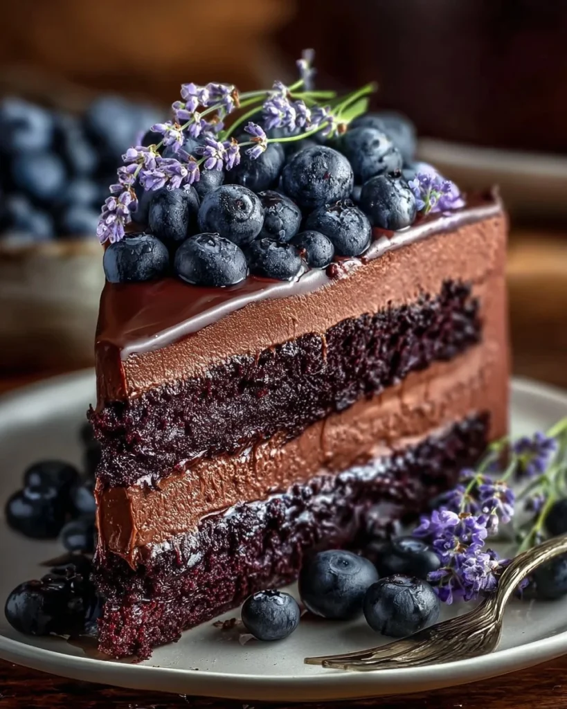 Slice of luxurious chocolate blueberry lavender cake with fresh blueberries and lavender flowers.