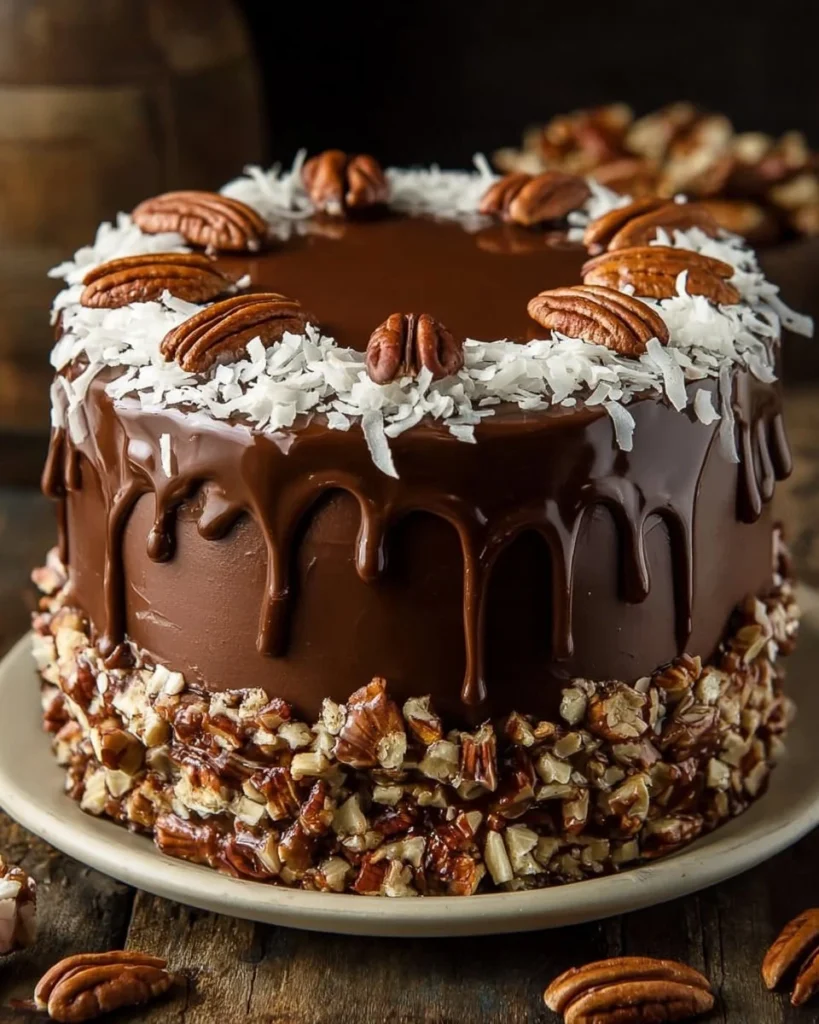 Luxurious Chocolate Caramel Pecan Cake with rich chocolate layers and caramel drizzle