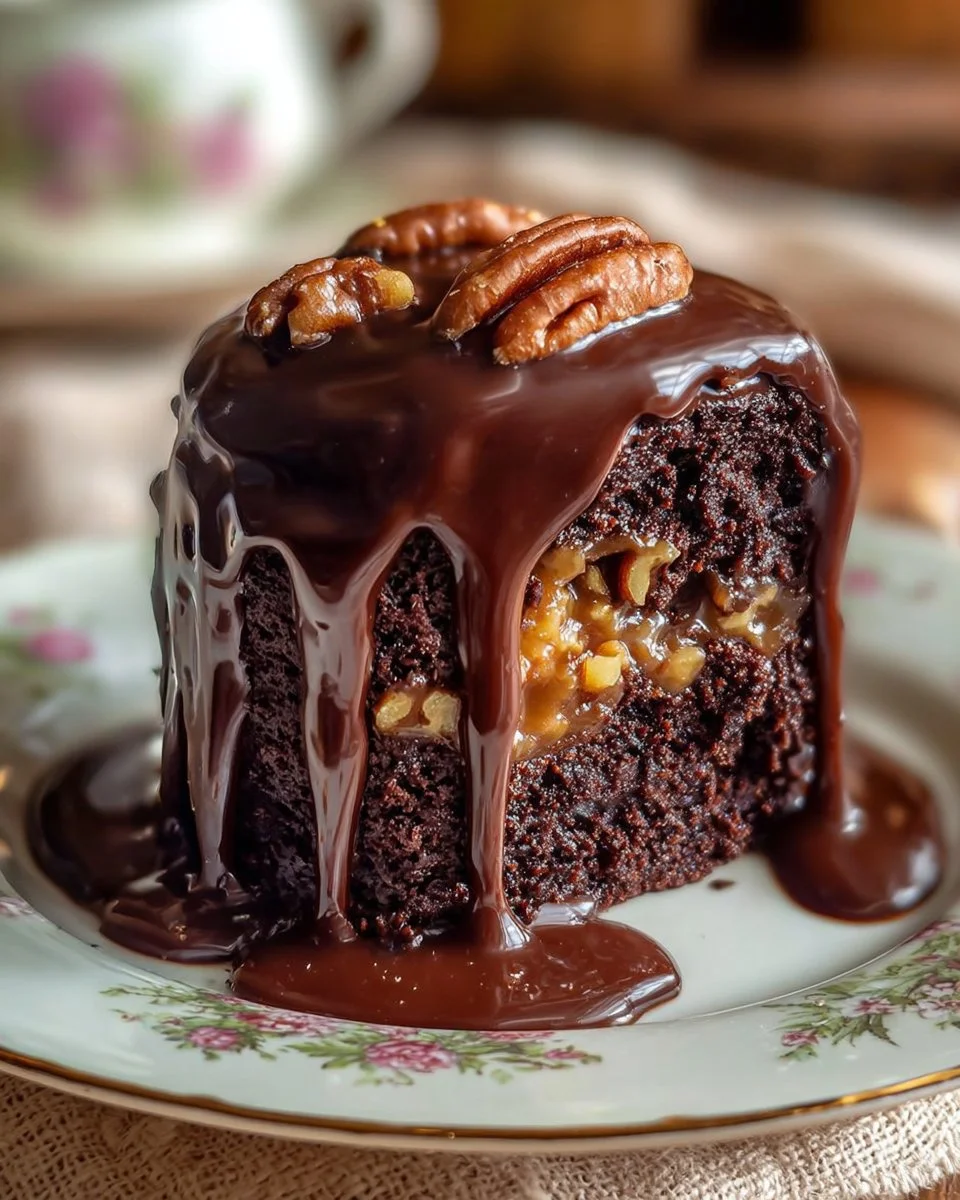 Luxurious Chocolate Caramel Pecan Cake with rich chocolate, caramel, and pecans