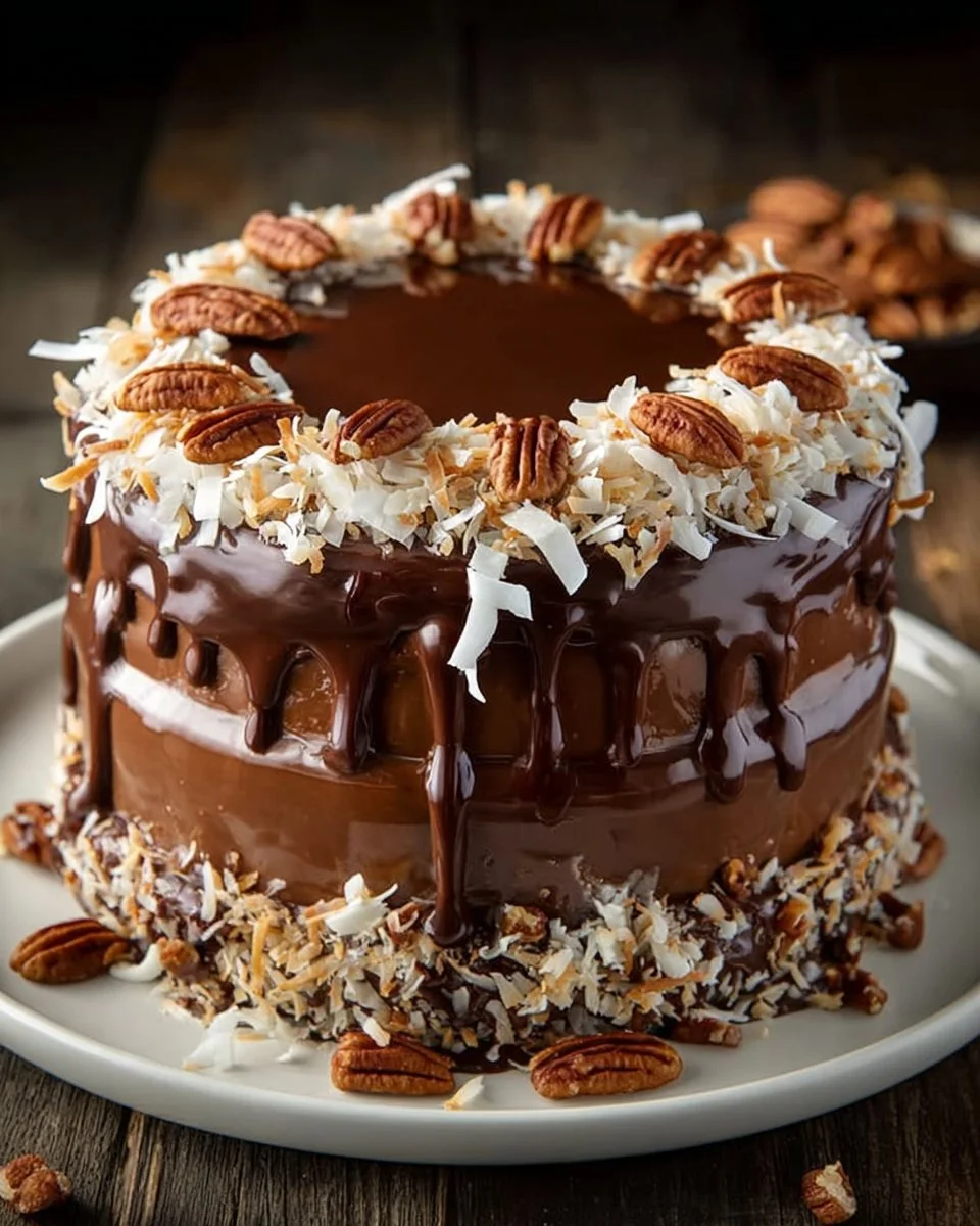 Luxurious Chocolate Caramel Pecan Cake topped with caramel sauce and pecans