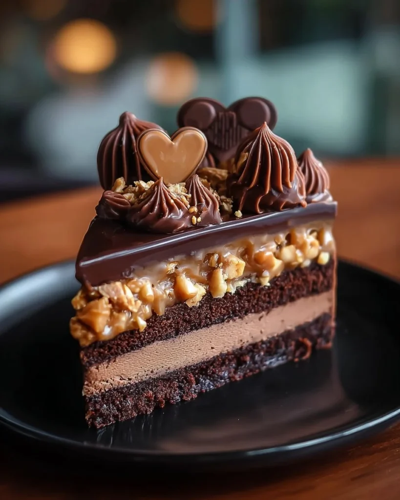 Luxurious Chocolate Hazelnut Cake topped with hazelnuts and chocolate glaze