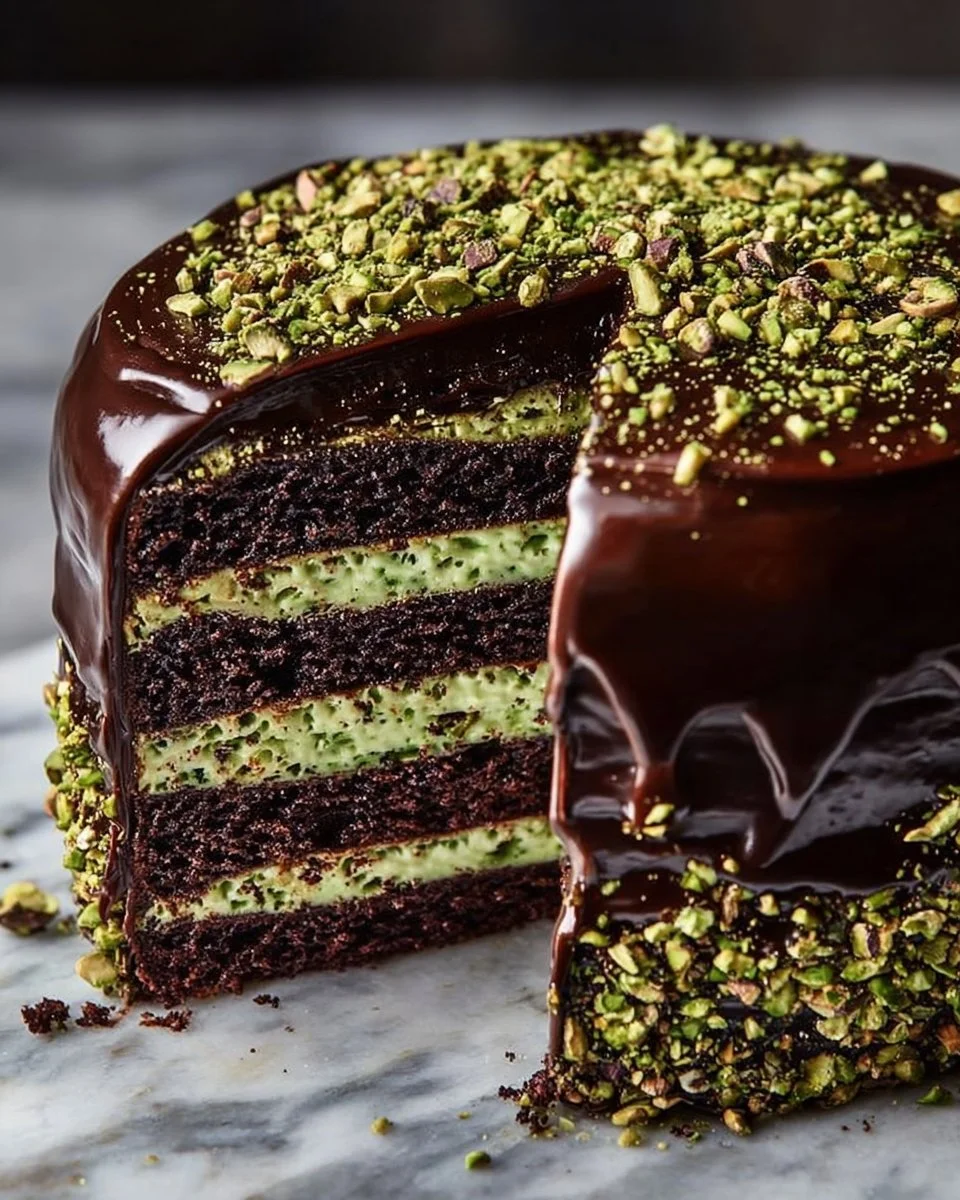Luxurious chocolate pistachio layer cake with rich chocolate frosting and pistachio nuts