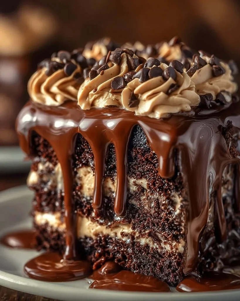 Luxurious German Chocolate Poke Cake topped with coconut and pecan frosting