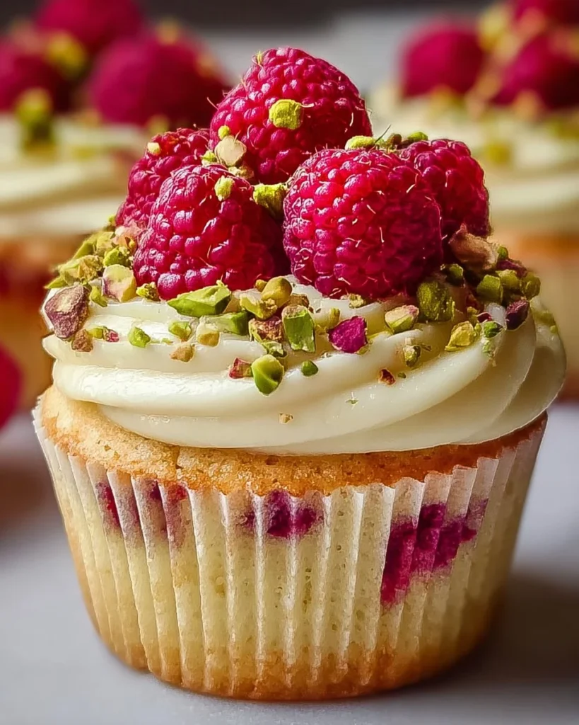 Luxurious Raspberry Pistachio Cupcakes on a decorative platter.