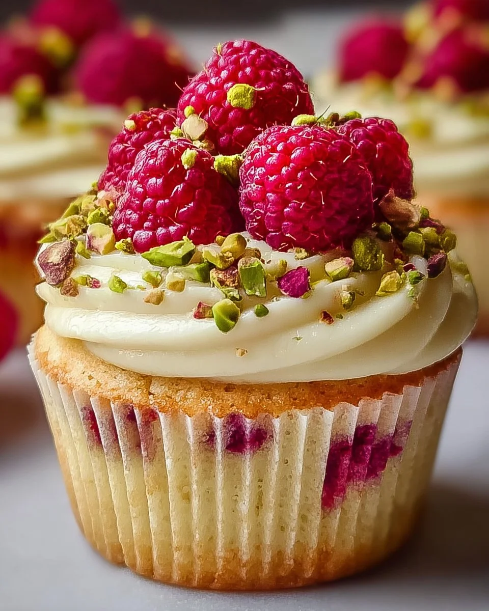 Luxurious Raspberry Pistachio Cupcakes on a decorative platter.