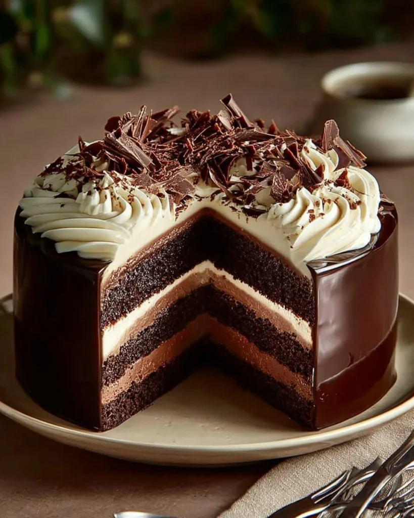 Luxurious triple chocolate mousse cake topped with rich chocolate curls.