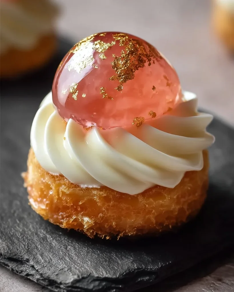 Delicious lychee jelly cream puffs topped with fresh cream and fruit.