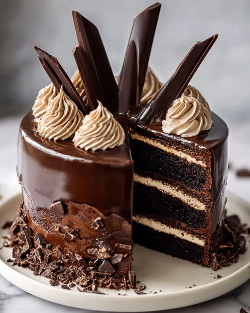 Delicious Magic Chocolate Cake topped with chocolate frosting and decorative sprinkles.