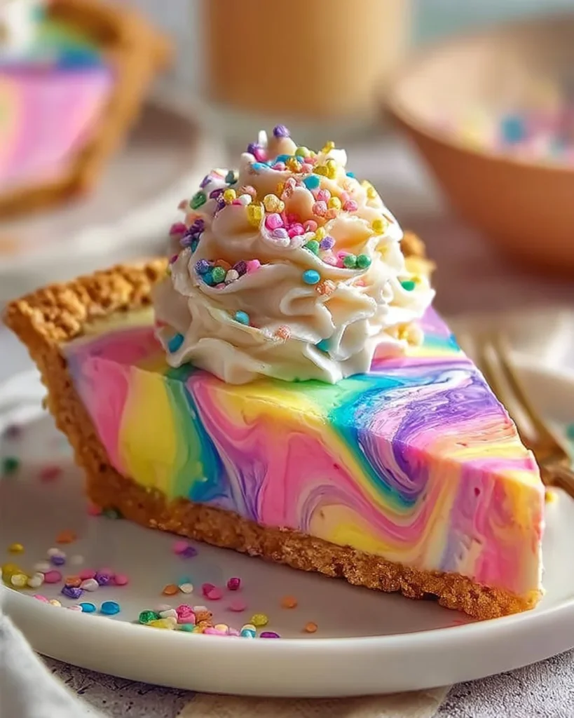 A vibrant rainbow pie featuring layers of colorful fillings and a glossy top.