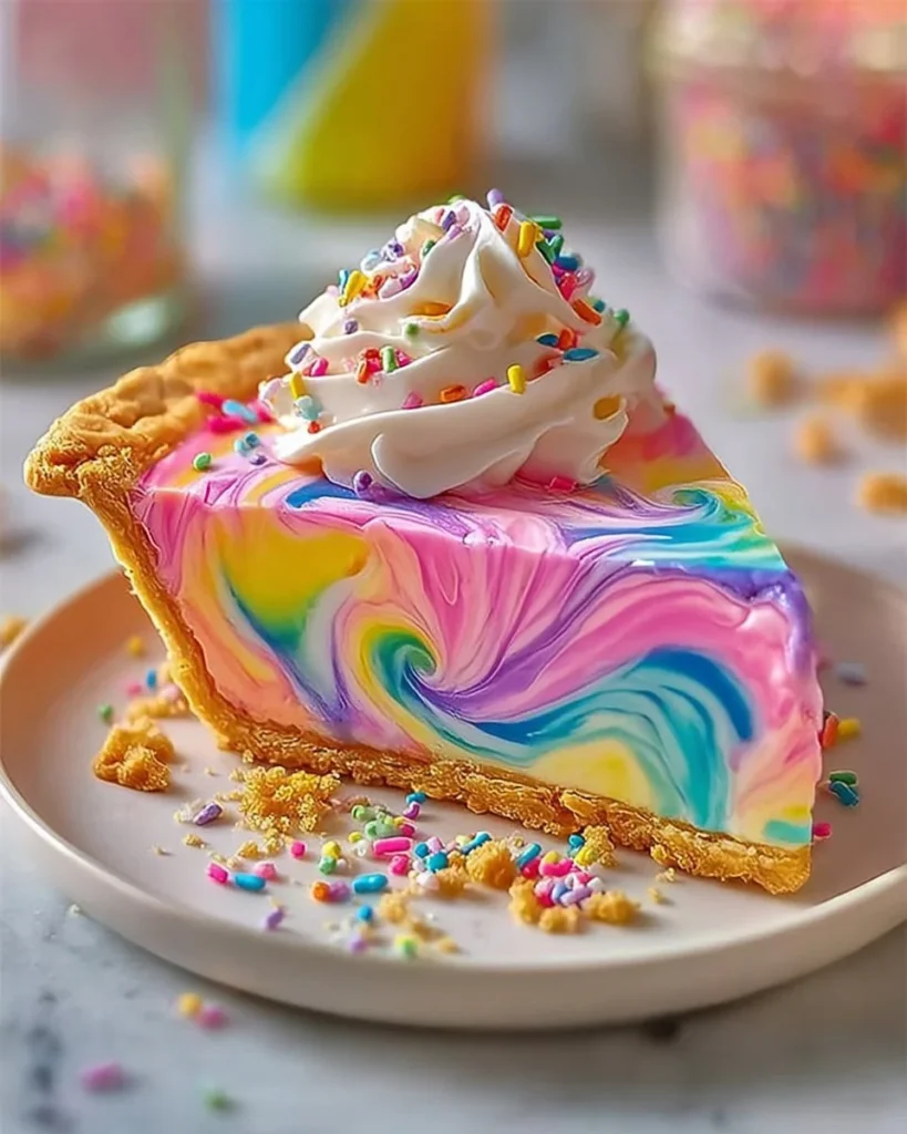 Colorful rainbow pie topped with vibrant layers of cream and fruits