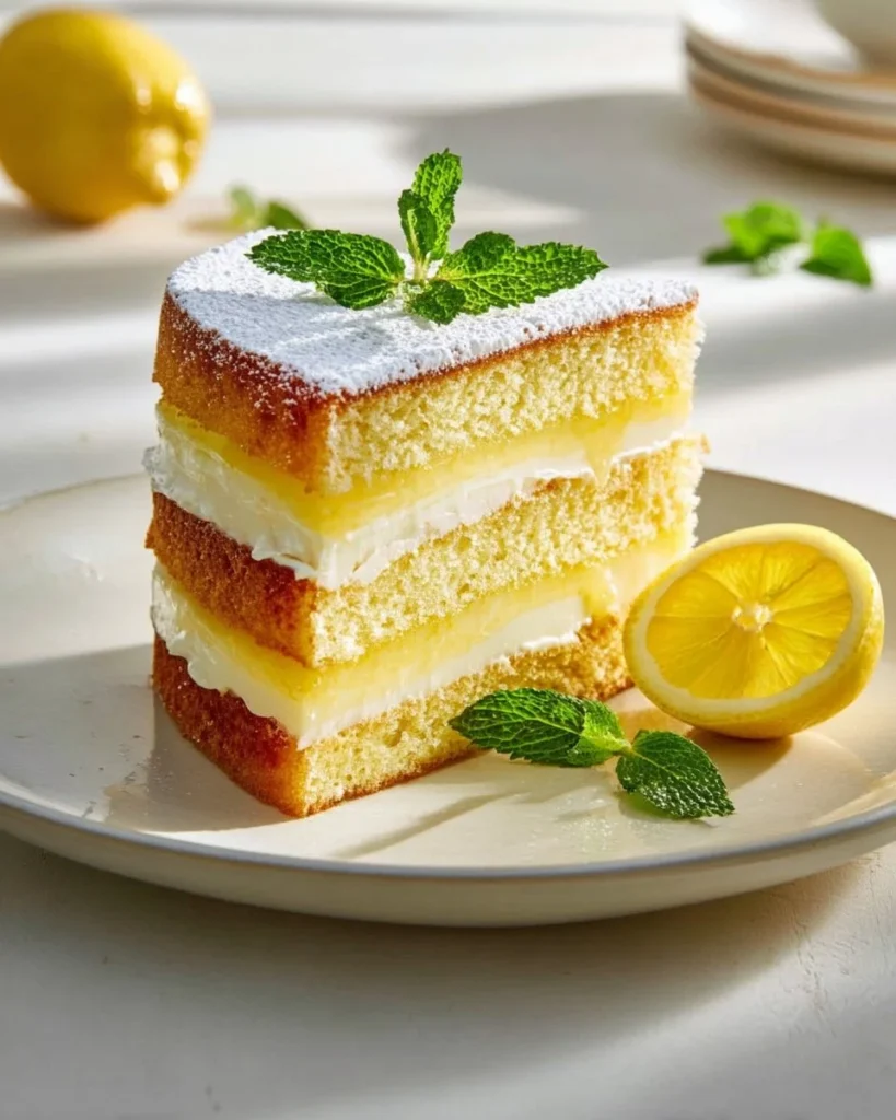 Slice of Magical Lemon Custard Cake topped with fresh lemon zest