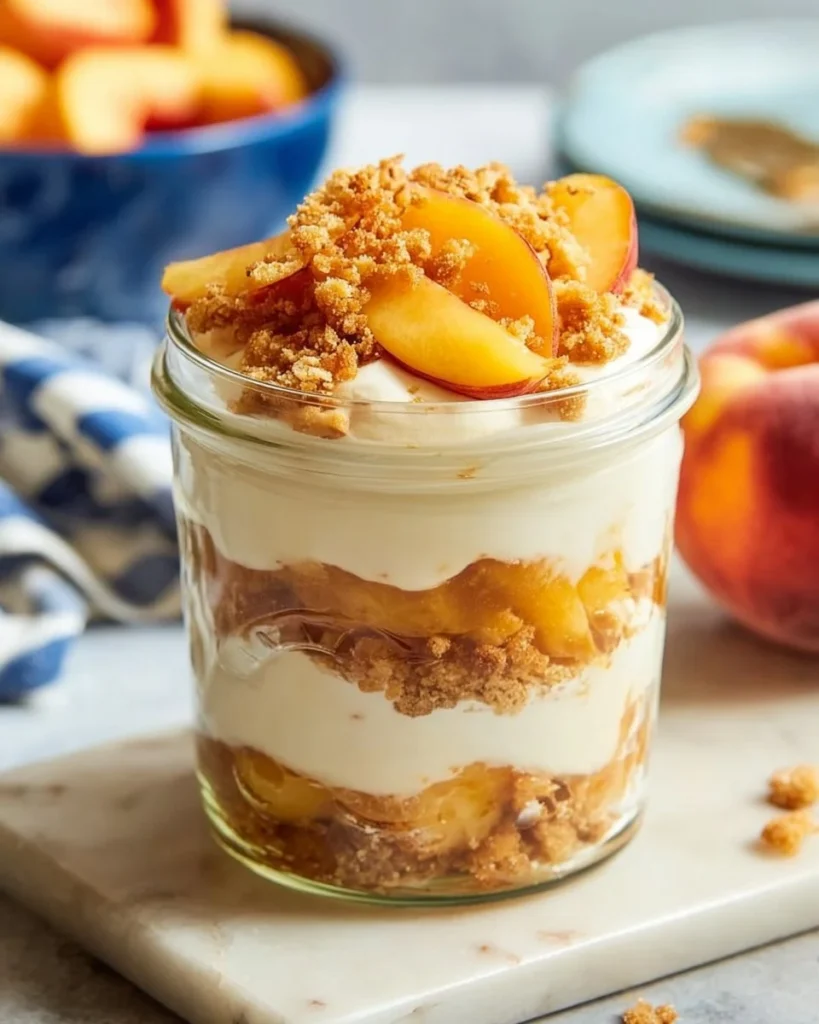 Magnolia Bakery Peach Crisp Pudding in a serving dish with fresh peaches
