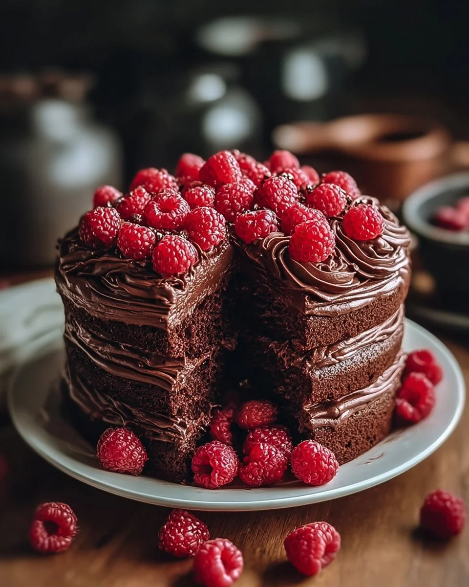 Rich Malted Chocolate Raspberry Cake with chocolate drizzle and fresh raspberries