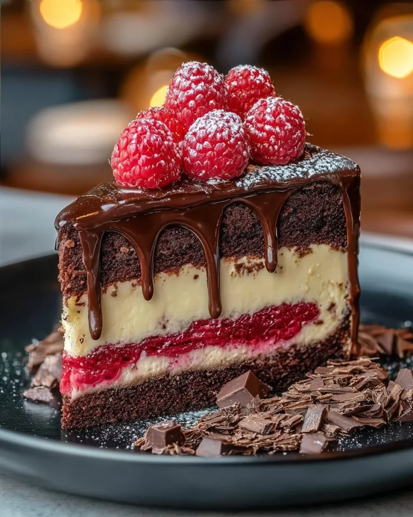 Malted Chocolate Raspberry Cake with rich chocolate layers and fresh raspberries