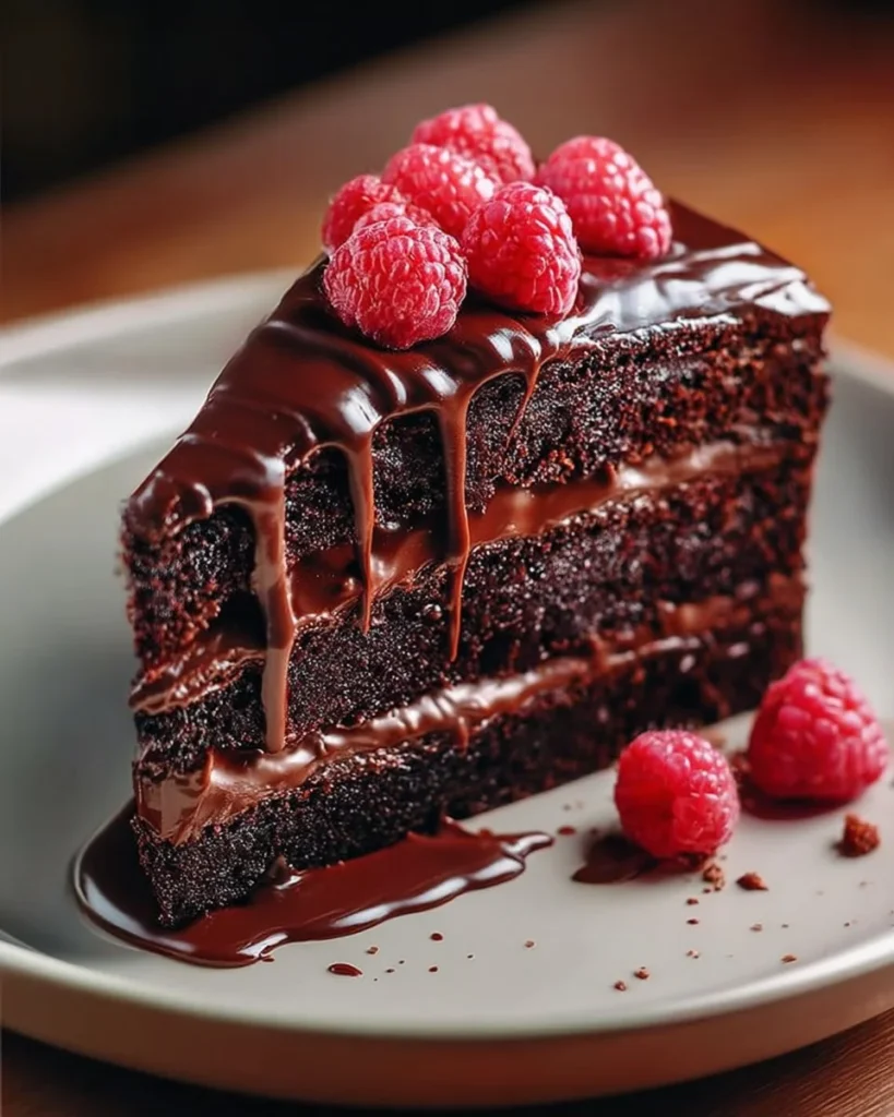 Malted Chocolate Raspberry Cake with rich chocolate and raspberry layers