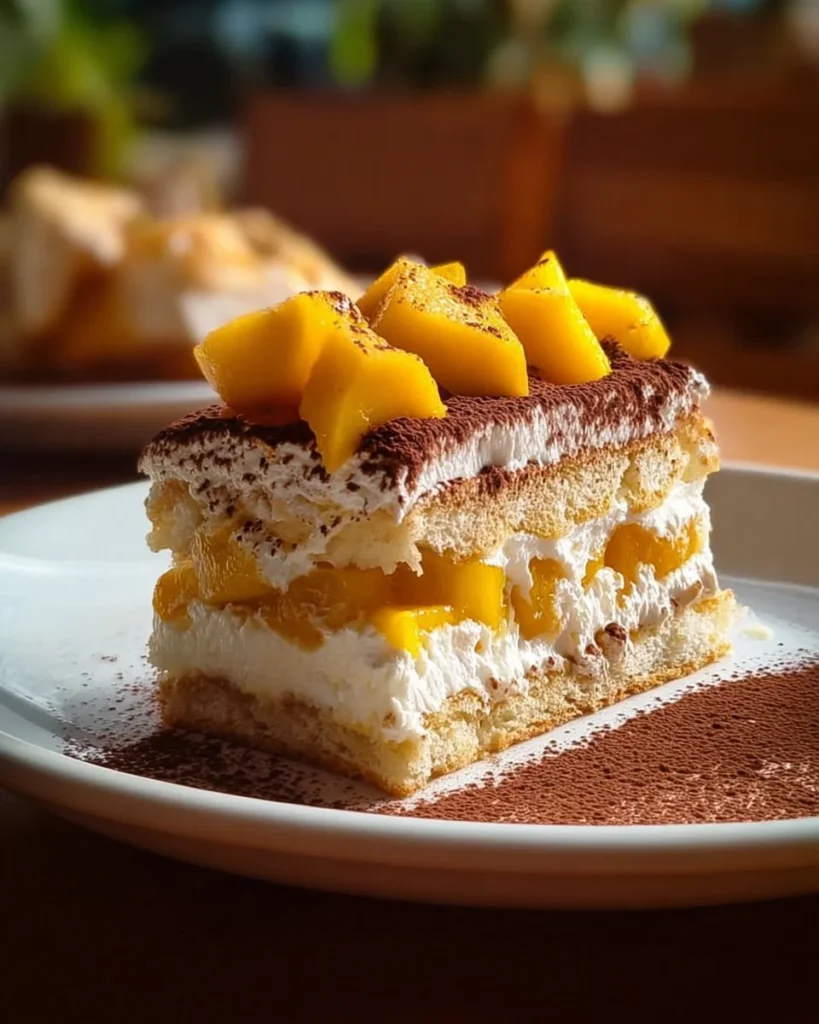 A delicious serving of Mango Passionfruit Tiramisu dessert in a glass dish.