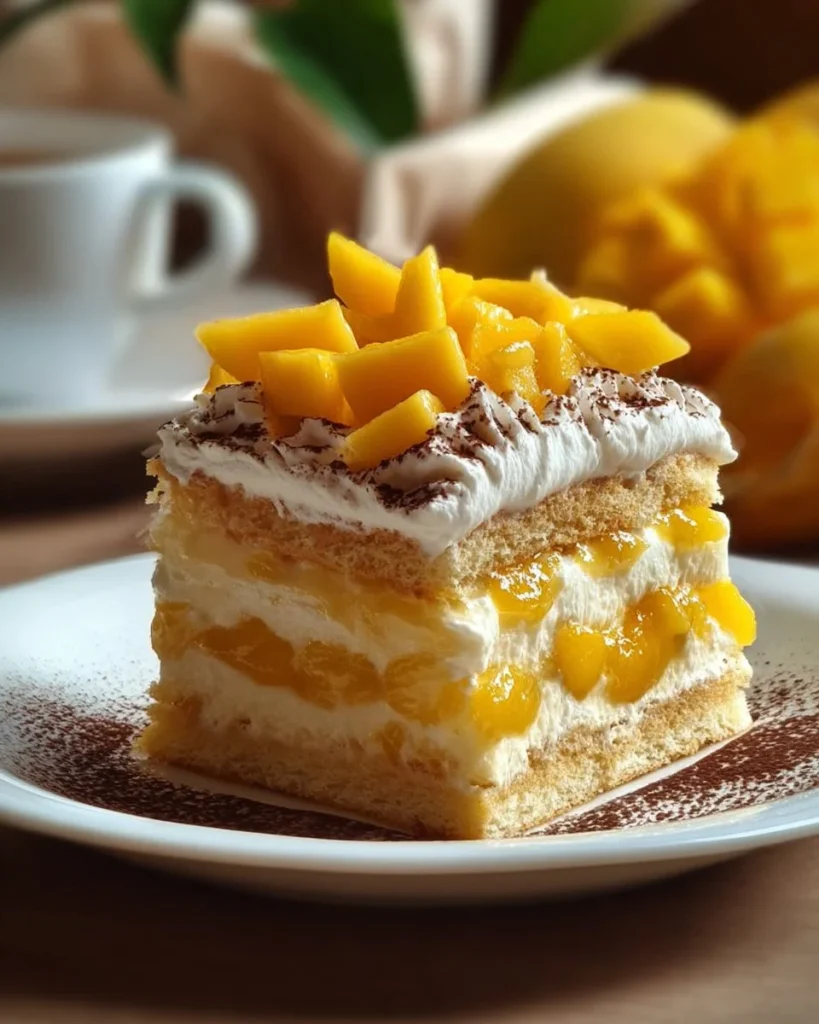 Delicious Mango Passionfruit Tiramisu dessert with tropical fruits and cream layers