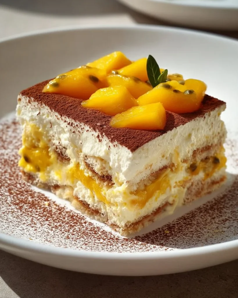 Mango Passionfruit Tiramisu dessert with tropical fruits and creamy layers