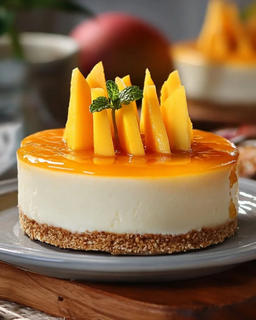 Delicious Mango Cheesecake topped with fresh mango slices