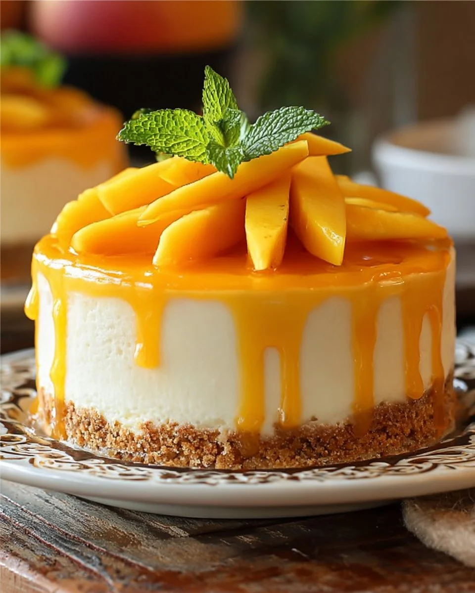 Delicious slice of Mango Cheesecake topped with fresh mango slices