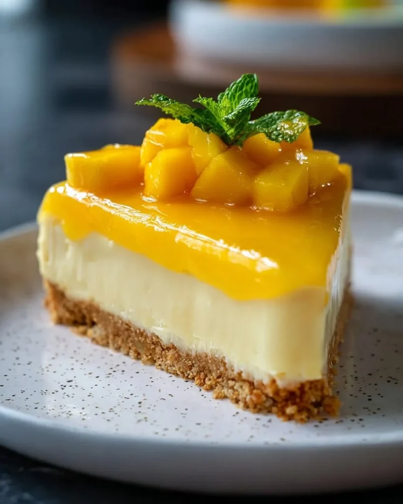 Delicious Mango Cheesecake topped with a Macadamia Nut Crust