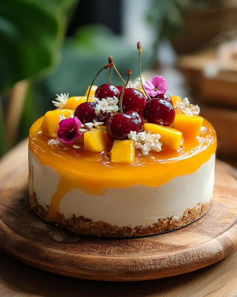 Delicious Mango Coconut Cheesecake with a vibrant passion fruit glaze