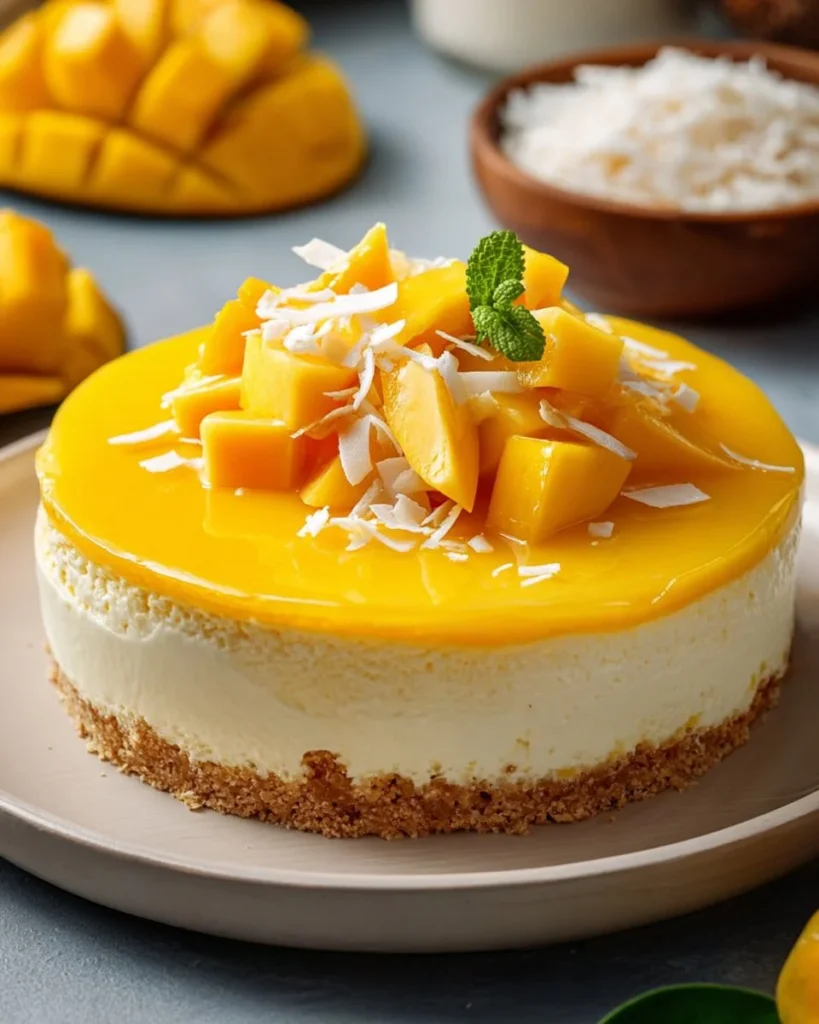 Sliced Mango Coconut Cheesecake with Passion Fruit Glaze on a serving plate
