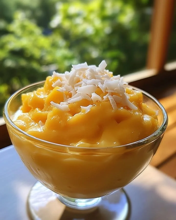 Bowl of creamy Mango Coconut Pudding topped with fresh mango slices and coconut flakes