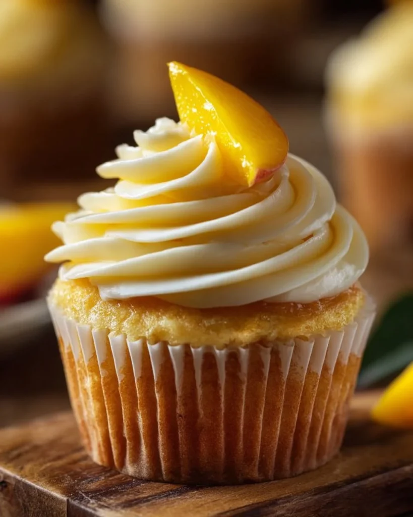 Delicious mango cupcakes topped with creamy frosting and fresh mango slices.