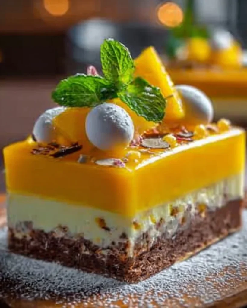 Mango Delight Layer Cake with layers of mango flavor and decorations.
