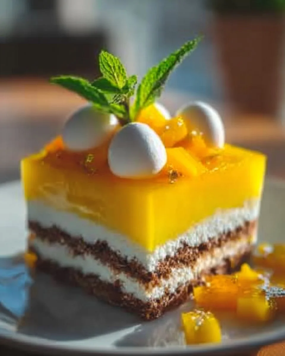 Mango Delight Layer Cake with layers of mango and cream frosting.