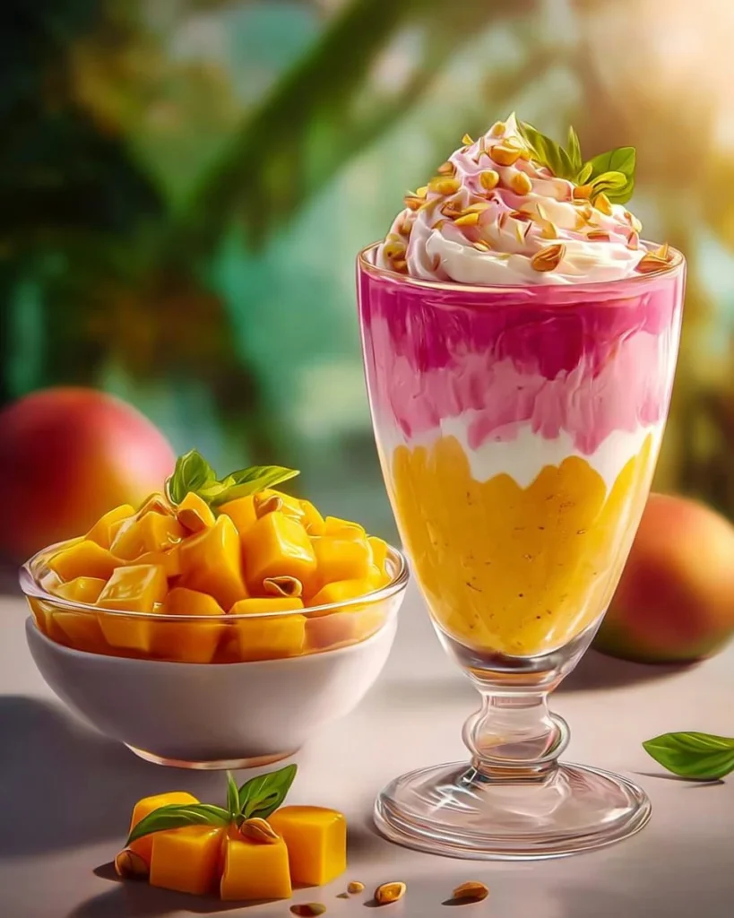 Delicious Mango Falooda dessert with mango, noodles, and cream topped with nuts.