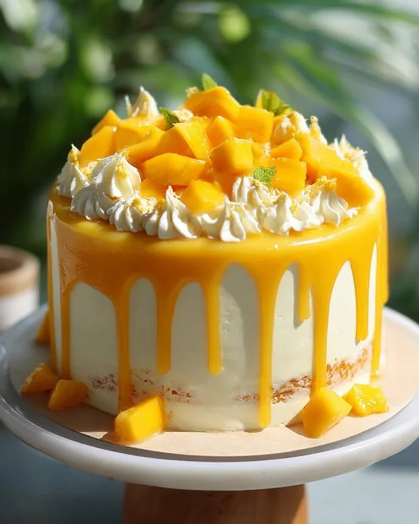 Delicious mango cream cake topped with fresh mango slices and whipped cream