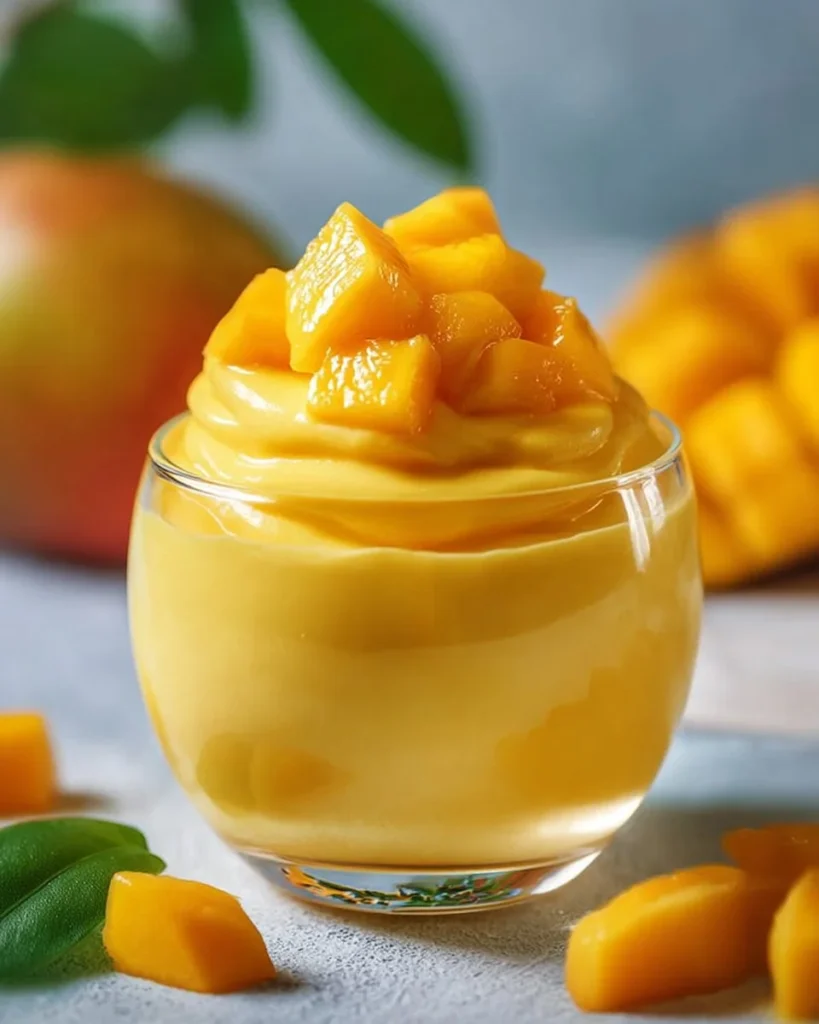 Delicious Mango Mousse dessert served in a glass with fresh mango slices