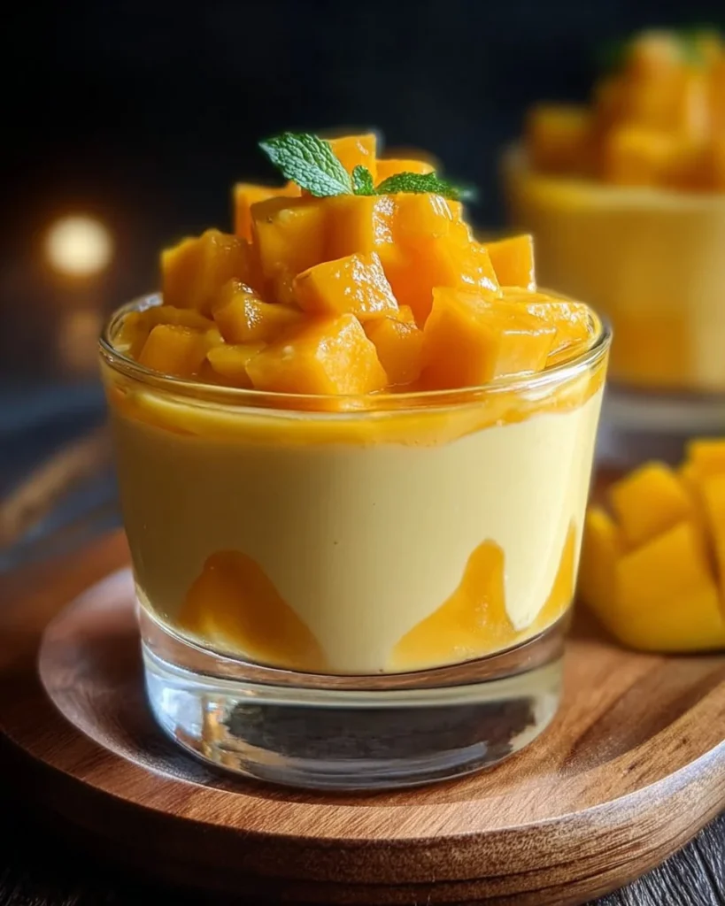 Delicious mango mousse served in a clear dessert cup with fresh mango slices on top.
