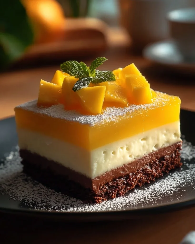Delicious Mango Mousse Cake with vibrant mango topping and creamy texture