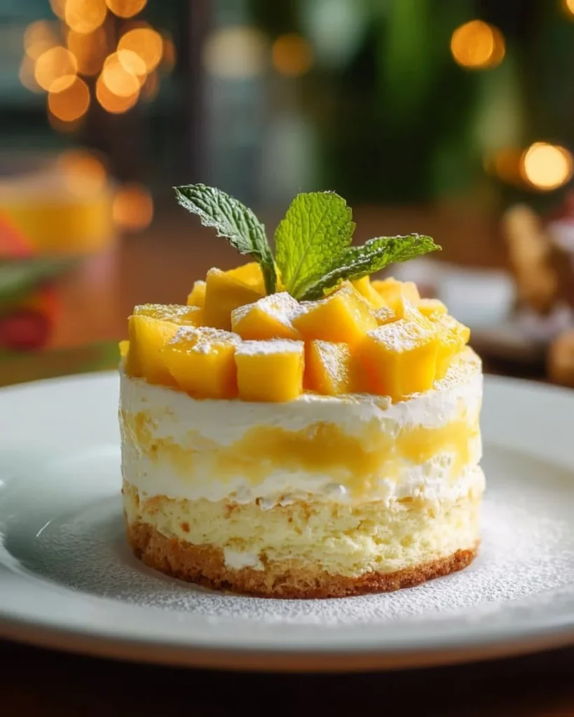 Delicious Mango Mousse Cake topped with fresh mango slices and whipped cream