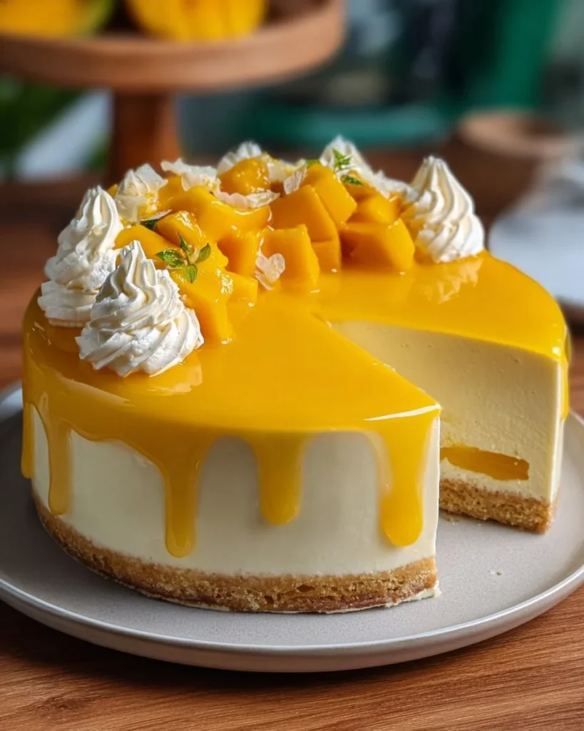 Delicious Mango Mousse Cake garnished with fresh mango slices and mint