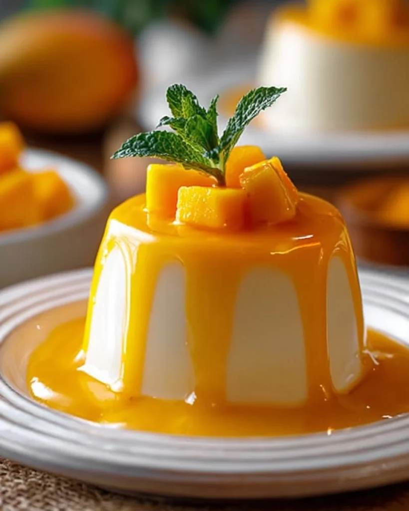 Delicious Mango Panna Cotta dessert garnished with fresh mango slices