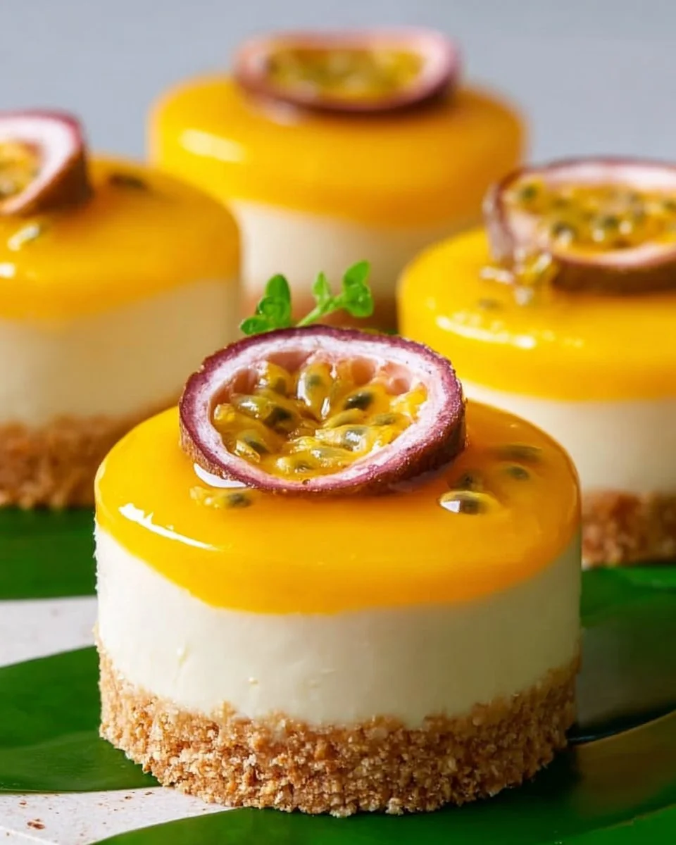 Mango Passionfruit Cheesecake Minis on a decorative platter
