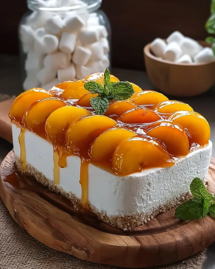 A delicious slice of Mango Tango Cheesecake Cake topped with fresh mango.