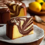Slice of marble cake showcasing chocolate and vanilla swirl