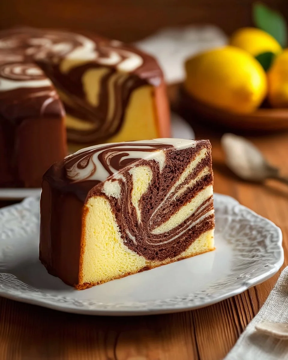 Slice of marble cake showcasing chocolate and vanilla swirl