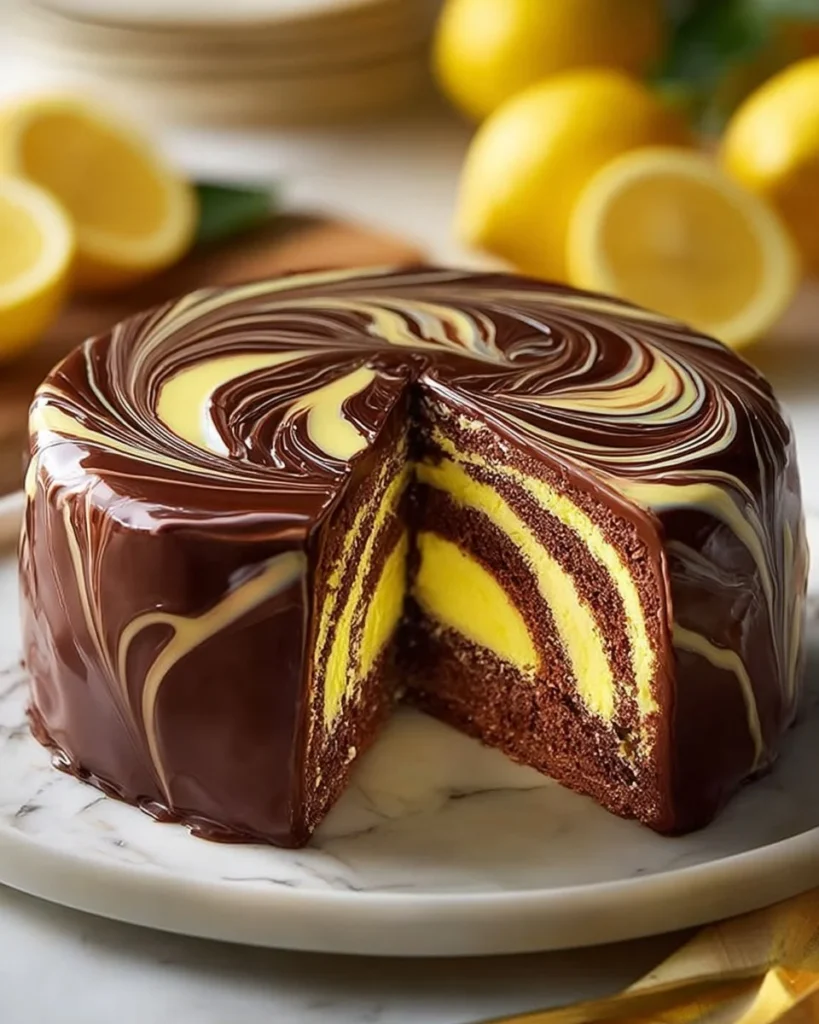 Delicious marble cake with chocolate and vanilla layers on a decorative plate.