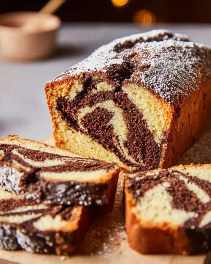 Delicious homemade marble cake with chocolate and vanilla layers