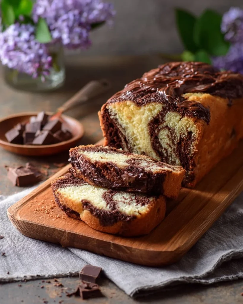 Delicious marble cake with rich chocolate swirls on a white plate