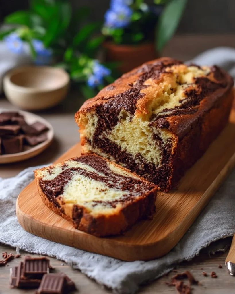 Delicious marble cake with chocolate swirls on a white plate