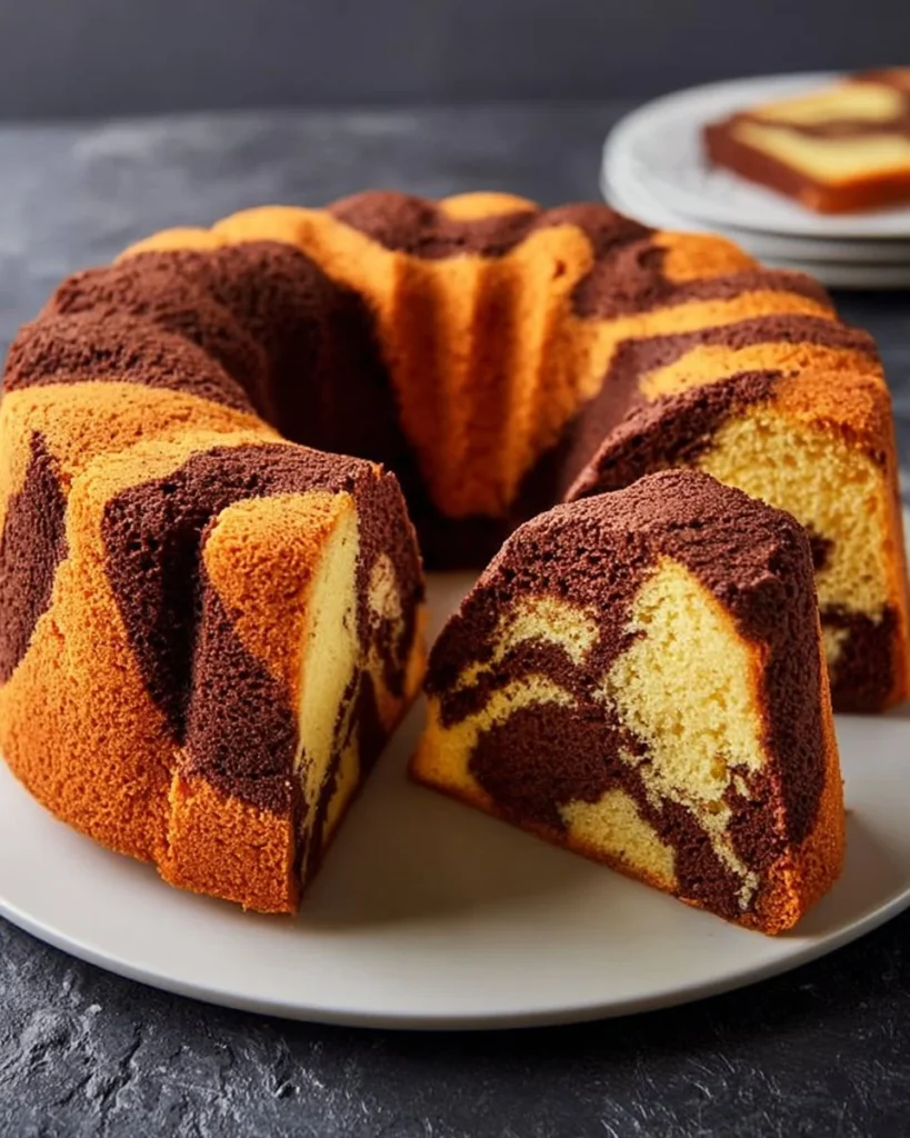 Slices of marbled vanilla and chocolate cake showcasing beautiful swirls.