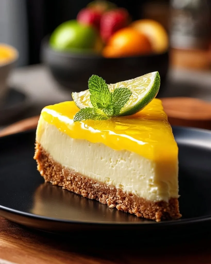 Slice of delicious Margarita Cheesecake topped with lime zest and tequila.