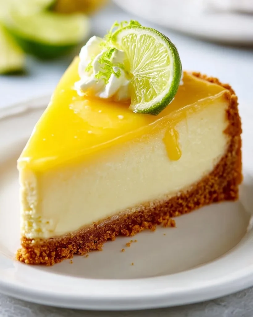 Slice of Margarita Cheesecake topped with lime and tequila decorations